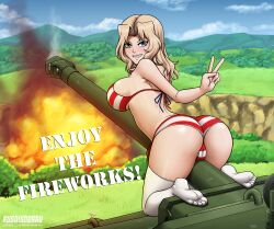 1girls ass blonde_hair blue_eyes cameltoe cannon girls_und_panzer kay_(girls_und_panzer) sitting solo