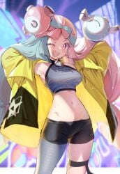 1girls breasts female female_only gym_leader hands_behind_head iono_(pokemon) jacket light_blue_hair long_hair medium_breasts multicolored_hair navel one_eye_closed open_jacket open_mouth pink_eyes pink_hair pokemon pokemon_sv sharp_teeth shorts shuri_(84k) single_thighhigh solo solo_female standing sweat sweatdrop thigh_strap two_tone_hair wink