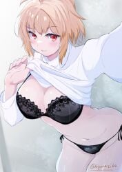 1girls 2024 arcueid_brunestud artist_signature belly belly_button black_underwear blonde_hair blush bra eyebrows eyebrows_visible_through_hair flashing lace large_breasts lingerie looking_at_viewer melty_blood panties presenting red_eyes selfie_pose shirt_lift smiling solo solo_female solo_focus sweatdrop tsukihime type-moon white_sweater wide_hips