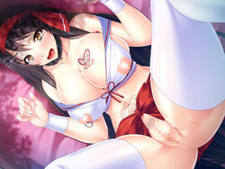 anus areolae bare_shoulders black_hair blush breasts censored collar female game_cg highres huge_breasts ishii_akira legs long_hair looking_at_viewer mosaic_censoring navel nipple_piercing nippleless_clothes nipples open_mouth piercing pubic_hair pussy saikyou_no_bakunyuu_kendo_wo_nikuonaho_haramase_shinagara_musou_suru_taima_seikatsu skirt solo spread_legs sweat tattoo thighhighs thighs white_legwear yellow_eyes