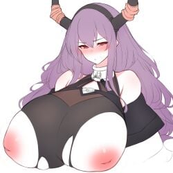 1girls arknights big_breasts blush blush_lines blushing_at_viewer female female_focus female_only hair horns huge_breasts inverted_nipples light-skinned_female light_skin looking_at_viewer massive_breasts purple_eyes purple_hair rikuguma ripped_clothing shy tagme typhon_(arknights)