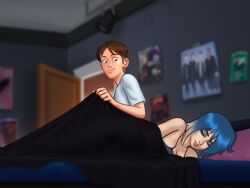 1boy 1girls 2d 2d_(artwork) bed bed_sheet bedroom blanket blue_hair brown_hair clothed clothing couple darkcookie digital_drawing_(artwork) digital_media_(artwork) duo eve_(summertime_saga) female light-skinned_female light-skinned_male light_skin main_character_(summertime_saga) male male/female sleeping summertime_saga teenage_girl teenager two_tone_hair