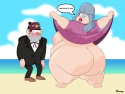 1boy 1boy1girl 1girls areolae ass ass_focus bare_ass barefoot bbw beach beard big_ass big_belly big_breasts blue_eyeshadow blush bottomless bottomless_female bulma's_panty_flash cooldeverage disney disney_xd dragon_ball dress_lift english_text exposed_breasts exposed_pussy eyelashes eyeshadow fat fat_ass fat_woman female flashing flashing_breasts flashing_pussy gravity_falls grey_hair grunkle_stan hat highres huge_ass huge_belly huge_breasts lazy_eye lazy_susan light-skinned_female light-skinned_male light_skin lipstick looking_at_another looking_at_viewer male mature_female mature_male no_bra no_panties obese one_eye_closed overweight overweight_female parody partially_clothed partially_nude pink_dress plump rear_view red_lipstick smile smooth_skin standing stanley_pines surprised text text_bubble thick_ass thick_thighs undressing watermark wide_hips