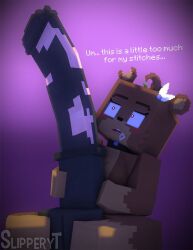 animal_dildo animal_genitalia bia_prowell_(slipperyt) blush dildo female holding_object horse_dildo humanoid living_plushie minecraft plushie plushophilia sex_toy slipperyt speech staring teddy_bear text