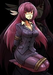 1girls bondage bound fate/grand_order fate_(series) gag gagged kneeling long_hair looking_at_viewer night-glare over_the_mouth_gag over_the_nose_gag red_eyes scathach_(fate) solo teacher