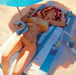 1girls ai_generated beach beach_towel beach_umbrella big_breasts bikini breasts closed_eyes curvaceous curvy curvy_female equestria_girls female_only hasbro huge_breasts human large_breasts light-skinned_female light_skin long_hair lying lying_on_back my_little_pony red_and_yellow_hair red_hair side-tie_bikini side-tie_panties sleeping solo solo_female solo_focus sunset_shimmer