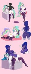 anthro ass breasts cum cum_in_pussy disguised_male ejaculation_between_breasts elbow_gloves female_skinsuit lemonxxxchanj my_little_pony nipples paizuri penis_emerging_from_pussy princess_celestia_(mlp) princess_luna_(mlp) sex thighhighs