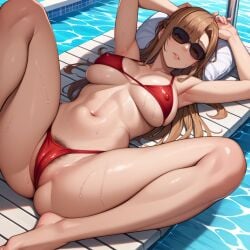 1girls aamak_rith ai_generated big_breasts bikini brown-tinted_eyewear feet female female_focus female_human female_only hairy_pussy pool sunglasses sword_art_online tinted_eyewear yuuki_asuna