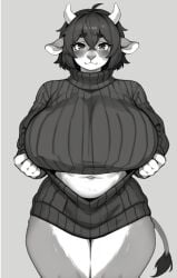 1female 1girls 2024 animal_ears animated anthro ass belly big_ass big_breasts black_and_white blush bovid bovine breast_drop breasts chubby chubby_anthro chubby_female clothed_female cow cow_ears cow_horns cow_tail female female_only flashing_breasts furry furry_female furry_only genpic huge_breasts huge_hips looking_at_viewer milf mommy navel nipples no_panties presenting_breasts pussy ribbed_sweater short_hair simple_background smile smiling solo solo_female sweater sweater_lift thick thick_ass thick_thighs thighs voluptuous voluptuous_female wide_hips