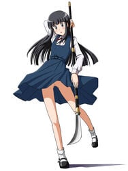 anklehighs black_eyes black_hair blue_dress blush dress dress_shirt female highres hime_cut jumper lielos long_hair long_sleeves looking_at_viewer mary_janes naginata no_panties nude_filter open_mouth original photoshop polearm pussy ribbon sakamoto_miko school_uniform shirt shoes socks solo standing thigh_gap turn_cuff_socks weapon white_background white_legwear white_shirt white_socks wind_lift