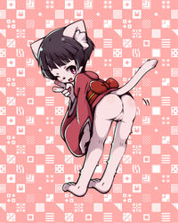 artist_request black_hair feline female furry japanese_clothes omunikin one_eye_closed open_mouth purple_eyes pussy short_hair solo