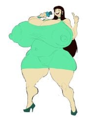 asian asian_female belly big_ass big_breasts big_thighs breasts brown_hair green_clothing high_heels honey_tanaka huge_ass huge_breasts huge_thighs hyper_breasts japanese long_hair microphone mybigbaws nipples reporter see-through see-through_clothing thighs