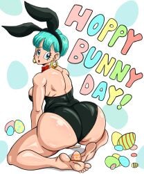 barefoot big_ass blue_eyes blue_hair bulma_(bunny) bulma_briefs bunny_girl bunnysuit dragon_ball feet hoop_earrings milf sideboob soles superspacewarrior thick_thighs toes