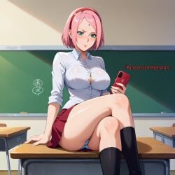 1girls adapted_costume ai_generated alternate_breast_size artist_name big_breasts bob_cut boruto:_naruto_next_generations breasts bursting_breasts cellphone classroom cleavage crossed_legs desk female female_focus green_eyes holding_object huge_breasts indoors large_breasts light-skinned_female light_skin long_socks mature mature_female milf nai_diffusion naruto naruto:_the_last naruto_(series) naruto_shippuden no_bra no_bra_under_clothes outfit panties patreon_username pink_hair revealing_clothes sakura_haruno school school_desk school_uniform schoolgirl sitting skimpy skimpy_clothes skirt slutty_outfit smartphone socks stable_diffusion striped_panties temptart thick_thighs thighs unbuttoned_shirt underwear url watermark web_address