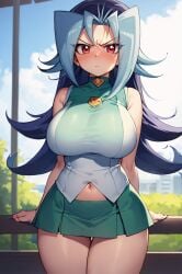 ai_generated angry_face blue_hair blush clothing eroeroai female huge_breasts kamishiro_rio long_hair looking_at_viewer navel nervous nervous_face red_eyes rio_kamishiro school_uniform solo thick_thighs voluptuous yu-gi-oh! yu-gi-oh!_zexal