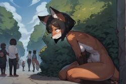 ! 2024 4chan ai_generated anthro blush breasts canid canine embarrassed embarrassed_nude_female enf exposed female fox furry navel nude public public_nudity solo tagme tail vulpine