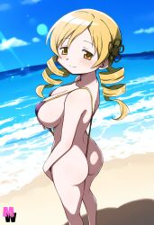 ai_generated blonde_hair female female_only madoka_worship mahou_shoujo_madoka_magica puella_magi_madoka_magica sling_bikini solo tomoe_mami twin_drills