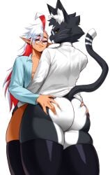 1boy anthro ass ass_grab bacardi_(muart242) black_fur black_thighhighs feline female femboy fur furry girly glasses light-skinned_male light_skin long_hair looking_at_viewer male narrowed_eyes nova_(sotcho) pointy_ears red_eyes red_hair round_glasses shirt smiling smiling_at_viewer sotcho tail thick_ass thick_thighs thighhighs tuft two_tone_fur two_tone_hair very_high_resolution whiskers white_background white_fur white_hair yellow_eyes