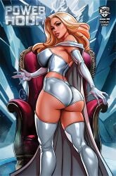 ass ass_focus big_breasts big_butt black_ops_publishing blonde_hair blue_eyes booty_shorts breasts brian_miroglio bubble_butt cape comic comic_cover curvaceous curvy curvy_female curvy_figure dat_ass emma_frost female female_only hellfire_club hourglass_figure looking_at_viewer looking_back marvel marvel_comics nipple_bulge opera_gloves power_hour sideboob thick_thighs thighhighs thin_waist throne white_queen wide_hips x-men