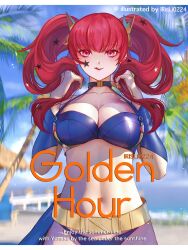 :q alternate_costume alternate_hairstyle bare_shoulders beach belt bikini black_choker blue_bikini blue_sky blush breasts choker cleavage facial_mark female fire_emblem fire_emblem_engage gold_belt hair_ornament highres irisl large_breasts licking_lips long_hair looking_at_viewer navel ocean outdoors palm_tree purple_bikini purple_sarong red_eyes red_hair sarong sky smile solo star_(symbol) star_facial_mark star_hair_ornament stomach swimsuit tongue tongue_out tree twintails yellow_belt yunaka_(fire_emblem)