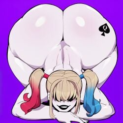 1boy ai_generated arms_crossed ass big_ass big_butt black_lips black_lipstick blonde_hair blue_hair cosplay costume curvaceous curvy curvy_figure dat_ass dc dc_comics ethan_harry face_down_ass_up fat_ass femboy feminine_pose girly hair_covering_eye hair_covering_eyes harley_quinn harley_quinn_(cosplay) huge_ass huge_butt large_ass male male_only nai_diffusion oc on_all_fours pale_skin pose posing purple_background qos_tattoo queen_of_spades queen_of_spades_symbol red_hair smile smiling stable_diffusion suicide_squad tattoo tattoo_on_ass tattoo_on_butt twintails voluptuous warner_brothers whoram