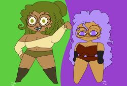 alchemist_cookie cookie_run female female_focus female_only green_eyes green_hair nsfwmyka olive_cookie purple_eyes purple_hair two_girls