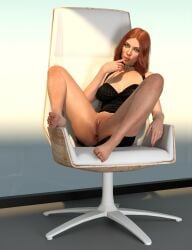 2024 3d black_dress black_widow_(marvel) booleanvalue choker dress dress_lift feet female female_focus female_only flashing_pussy horny_female legs marvel natasha_romanoff office office_chair posing red_hair solo