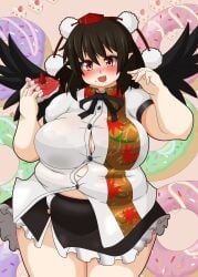 bbw belly_overhang big_belly big_female black_hair blush blush chubby chubby_female embarrassed fat fat_ass fat_female fat_fetish fat_girl fat_woman fatty food food_on_face large_female nerizou obese obese_female overweight overweight_female pig plump pork_chop shameimaru_aya sweat sweatdrop sweating tengu thick_thighs tight_clothes tight_clothing tight_fit touhou tubby weight_gain wings