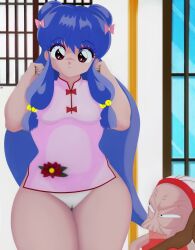 2girls bow clothing cologne dress female female_only grandmother hips legs mini_skirt multiple_girls panchira panties ranma_1/2 restaurant restroom ruler sexy_dress sexy_waifus shampoo_(ranma_1/2) small_breasts solo_focus tanga