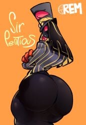 1boy ass big_ass big_butt black_body crossed_arms embarrassed facing_away fat_ass femboy goggles hat hazbin_hotel huge_ass huge_butt long_hair looking_down male male_focus male_only red_eyes remiman sir_pentious_(hazbin_hotel) snake