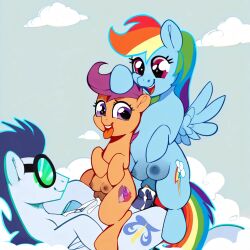 ai_generated blue_hair crotchboobs cum cum_in_pussy equid equine female friendship_is_magic hasbro horse male my_little_pony nipples pegasus pony purple_hair rainbow_dash_(mlp) rainbow_hair scootaloo_(mlp) smile soarin_(mlp) tongue tongue_out