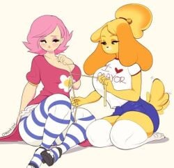 2girls animal_crossing animal_crossing_girl anthro big_breasts blush breasts canid canine canis cherrikissu clothed clothing domestic_dog dress duo female female/female female_on_anthro fur hair human human_on_anthro interspecies isabelle_(animal_crossing) mammal nintendo pink_hair romantic romantic_couple shih_tzu simple_background smile toy_dog untying villager_(animal_crossing) yellow_body yellow_fur