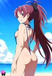 1girls ai_generated beach female female_only human madoka_worship mahou_shoujo_madoka_magica sakura_kyouko sling_bikini solo swimsuit