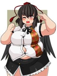 bbw belly_overhang big_belly big_female black_hair blush blush chubby chubby_female embarrassed fat fat_arms fat_ass fat_female fat_fetish fat_girl fat_woman fatty large_female nerizou obese obese_female overweight overweight_female pig plump pork_chop shameimaru_aya tengu thick_thighs tight_clothes tight_clothing tight_fit tight_skirt touhou tubby weight_gain