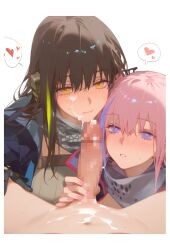 ahoge_rua ai_generated blue_eyes brown_hair cum cum_on_face girls'_frontline m4a1_(girls'_frontline) penis_grab pink_hair saliva_string st_ar-15_(girls'_frontline) yellow_eyes