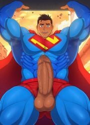 1boy balls bara big_balls big_penis black_hair blue_eyes bulge clark_kent clark_kent_(my_adventures_with_superman) clothing dc dc_comics huge_balls huge_cock male male_only muscular_male my_adventures_with_superman penis superhero superman superman_(series) tight_clothing toto_(artist)