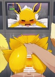 1boy anal_fingering anus ass blush censored dagasi eeveelution fangs female_feral feral feral_penetrated fingering gameplay_mechanics glory_wall has_uncensored_version health_bar highres human_on_pokemon jolteon open_mouth pokemon pokemon_(species) pokephilia pov pussy screen sex speed_lines tail tears through_wall yellow_fur zoophilia