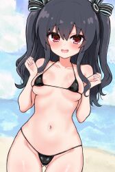 areolae areolae_slip arms_up atomu_mk2_(msn06r2) beach bikini black_hair blush breasts cleavage compile_heart hair_ribbon idea_factory light-skinned_female looking_at_viewer micro_bikini neptunia_(series) open_mouth petite red_eyes shiny small_breasts solo uni_(neptunia)