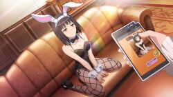 bare_shoulders big_breasts black_hair brown_eyes bunny_costume bunny_ears bunnysuit embarrassed fishnet_stockings heels official_art short_hair takitsubo_rikou to_aru_majutsu_no_index