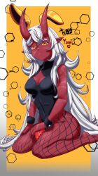 1girls akumi big_breasts bunny_ears female female_only gradient_horns horns oni oni_female oni_horns red_horns red_oni red_skin scars solo virtual_youtuber vyugen white_hair yellow_eyes youkai