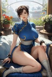 ai_generated asian asian_female blue_dress breasts brown_eyes brown_hair bun_cover china_dress chun-li cross-laced_footwear dawnbubblesai female female_focus female_only huge_breasts looking_at_viewer mature_female mature_woman puffy_sleeves short_hair spiked_bracelet street_fighter thick_thighs thighs voluptuous white_boots