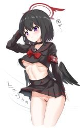 ass_visible_through_thighs black_hair black_serafuku black_skirt black_wings blue_archive blush bow breasts censored censored_pussy choker closed_mouth clothes_lift commentary_request cowboy_shot feathered_wings female gloves hair_between_eyes halo highres long_hair long_sleeves looking_at_viewer mashiro_(blue_archive) miniskirt navel neckerchief nipples no_bra no_panties pleated_skirt purple_eyes pussy rumiya9i sailor_collar school_uniform serafuku shirt short_hair simple_background skirt skirt_lift solo standing stomach thighs underwear white_background wind wind_lift wings