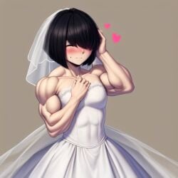 1boy ai_generated black_hair blush closed_eyes corey_(purple_letter) femboy flat_chest frosting.ai goth hair_over_one_eye hand_on_chest hand_on_head huge_muscles muscular muscular_femboy muscular_male original original_character purple_letter self_upload solo veil wedding_dress wedding_veil