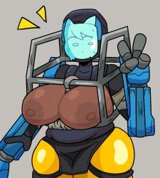 1girls armor big_breasts breasts breasts_out dark-skinned_female dark_nipples doodle exposed_breasts grey_background hips loader_(risk_of_rain) mechanical_arm mob_face nipples notnoe_(dxcl) peace_sign request risk_of_rain risk_of_rain_2 solo solo_female suit sweat sweaty_breasts thick_hips thick_thighs thighs voluptuous