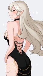 1girls absurdres alternate_costume artist_name ass back back_view backless_outfit bare_back bare_shoulders big_ass black_dress breasts corrin_(fire_emblem) corrin_(fire_emblem)_(female) dress female female_only fire_emblem fire_emblem_fates from_behind grey_hair halterneck highres hip_vent kgctcg looking_at_viewer medium_breasts meme_attire modakawa_dress nintendo pointy_ears red_eyes sideboob smile solo