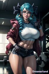 1girls abs ai_generated background big_breasts blue_eyes blue_hair breasts covered_nipples female female_only from_below from_front_position glasses gloves gwen_(league_of_legends) gym gym_clothes gym_shirt gym_uniform hd hd_(traditional) high_resolution highres jacket jacket_open league_of_legends league_of_legends:_wild_rift looking_at_viewer model navel pose posing posing_for_the_viewer realistic riot_games seductive shadow shiny shiny_skin shirt short_shorts sky4maleja slender_waist solo thick_legs thick_thighs twintails waist