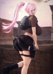 3d anya_jackal big_breasts bimbo huge_breasts lara_croft_(cosplay) large_breasts megurine_luka mmd pink_hair tagme vocaloid