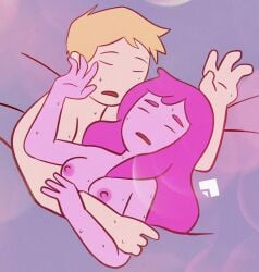 1girls adventure_time areolae bigger_female blanket breasts cartoon_network cuddling duo erostash finn_the_human heat holding_arm long_hair nipples nude nude_female nude_male open_mouth pink_body pink_hair pink_skin princess_bubblegum short_hair signature sleeping sleeping_nude sweating warner_brothers