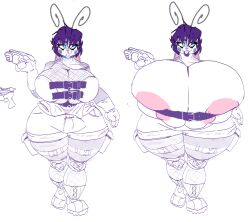 antennae_(anatomy) anthro barely_contained_breasts big_breasts breast_expansion breast_size_difference breasts breasts_bigger_than_head breasts_bigger_than_torso bunny cartoonmeat huge_areolae intersex lilia_(cartoonmeat) massive_breasts pink_nose purple_hair rabbit size_comparison