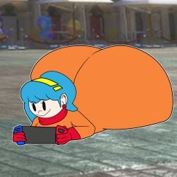 1girls amelia_n. ass_bigger_than_head ass_focus bodysuit casual clothed female female_only huge_ass hyper hyper_ass mario_(series) mario_kart nintendo nintendo_switch playing_videogame public shortstack solo teaset_haliley